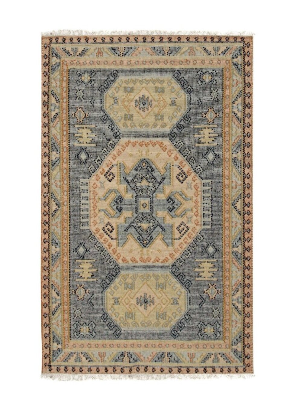 Blue Kazak Style Kilim Wool Area Rug 5' x 8' Handwoven Tribal Medallion
